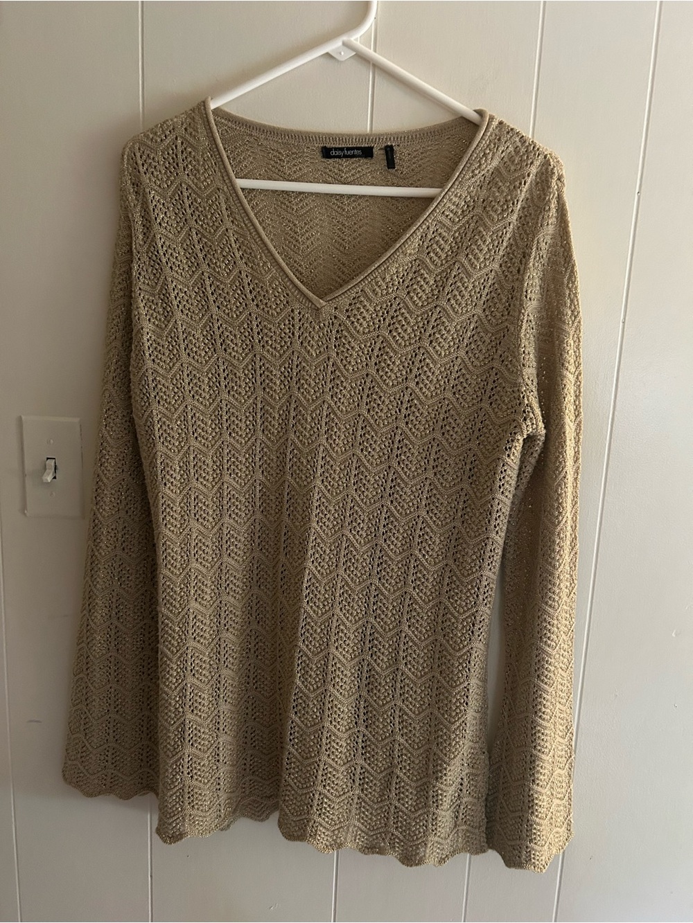 Daisy Fuentes Taupe/Gold  Open-Knit V-Neck Sweater